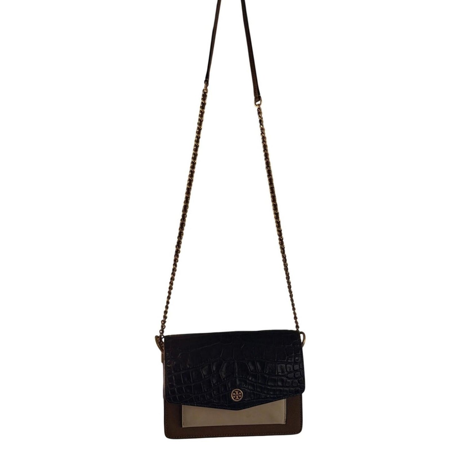 Tory Burch Black Brown Croc Embossed Leather ChainCrossbody Bag Purse