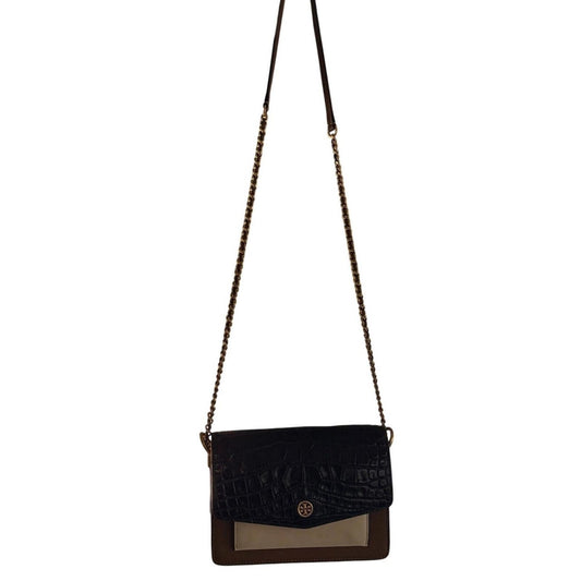Tory Burch Black Brown Croc Embossed Leather ChainCrossbody Bag Purse