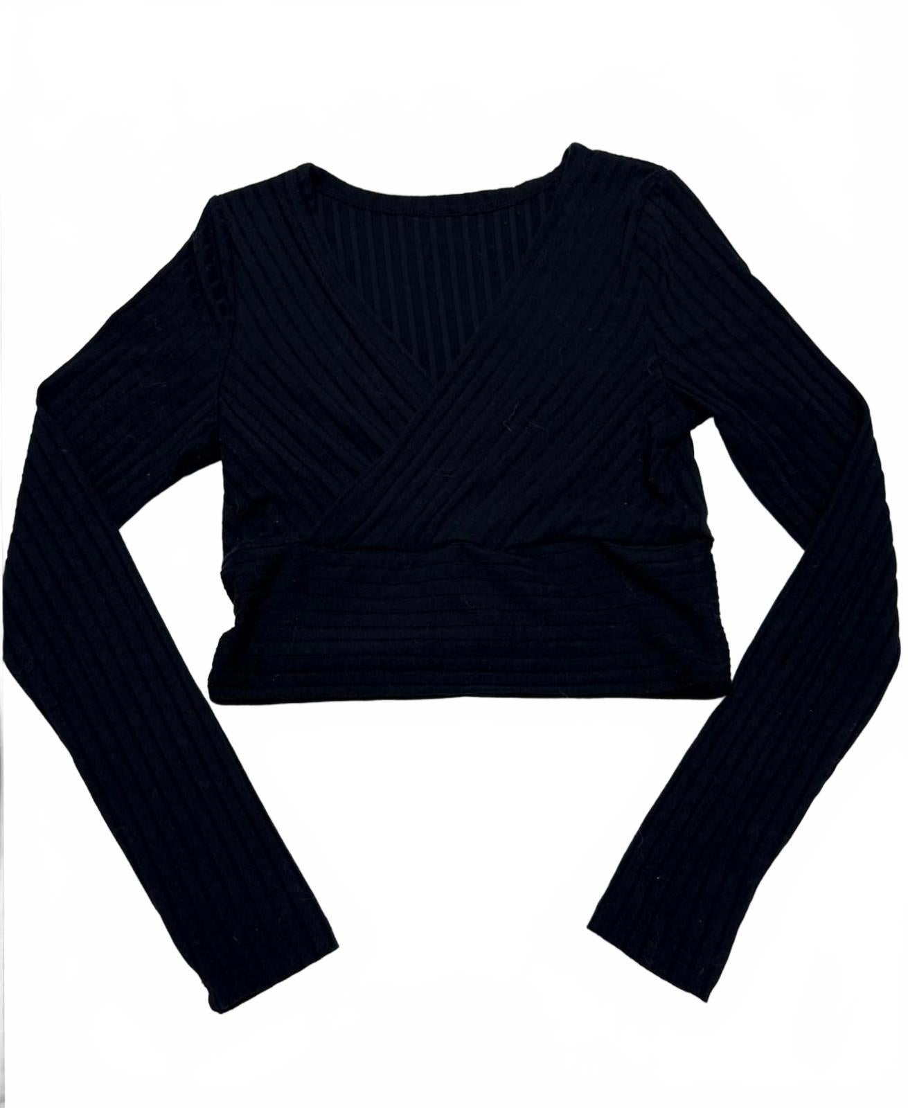 SHEIN Black Ribbed Long Sleeve Crop Top Wrap Front Surplice V-Neck XS Y2K