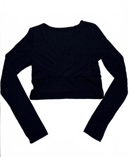SHEIN Black Ribbed Long Sleeve Crop Top Wrap Front Surplice V-Neck XS Y2K