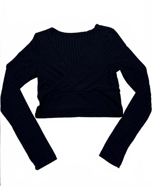 SHEIN Black Ribbed Long Sleeve Crop Top Wrap Front Surplice V-Neck XS Y2K