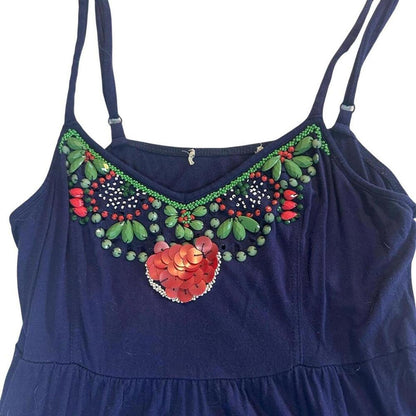 Navy Blue Sleeveless Dress with Colorful Beaded Embellishment