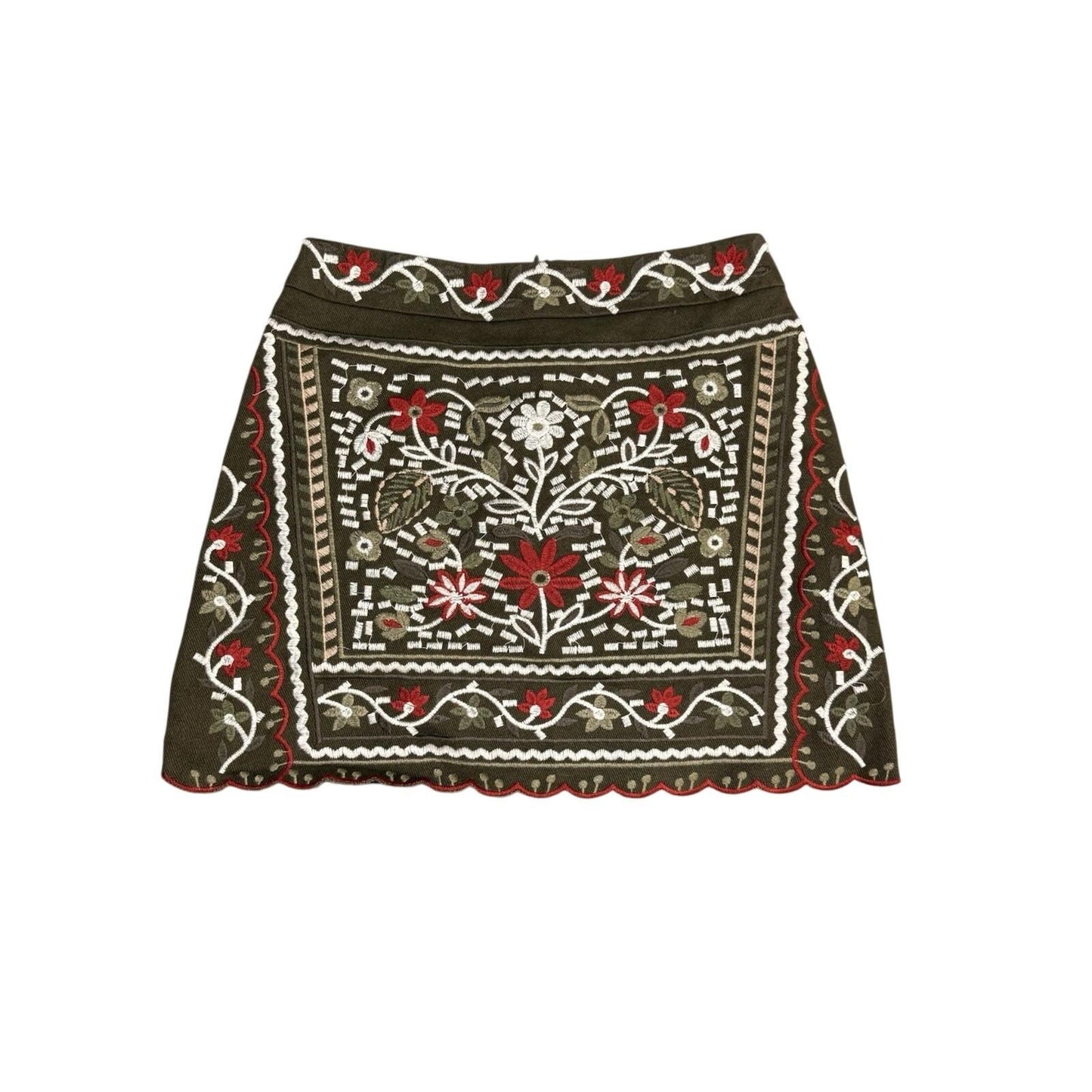 Blue Rain Womens XS Olive Green Embroidered Mini Skirt Boho Floral Folk Women’s