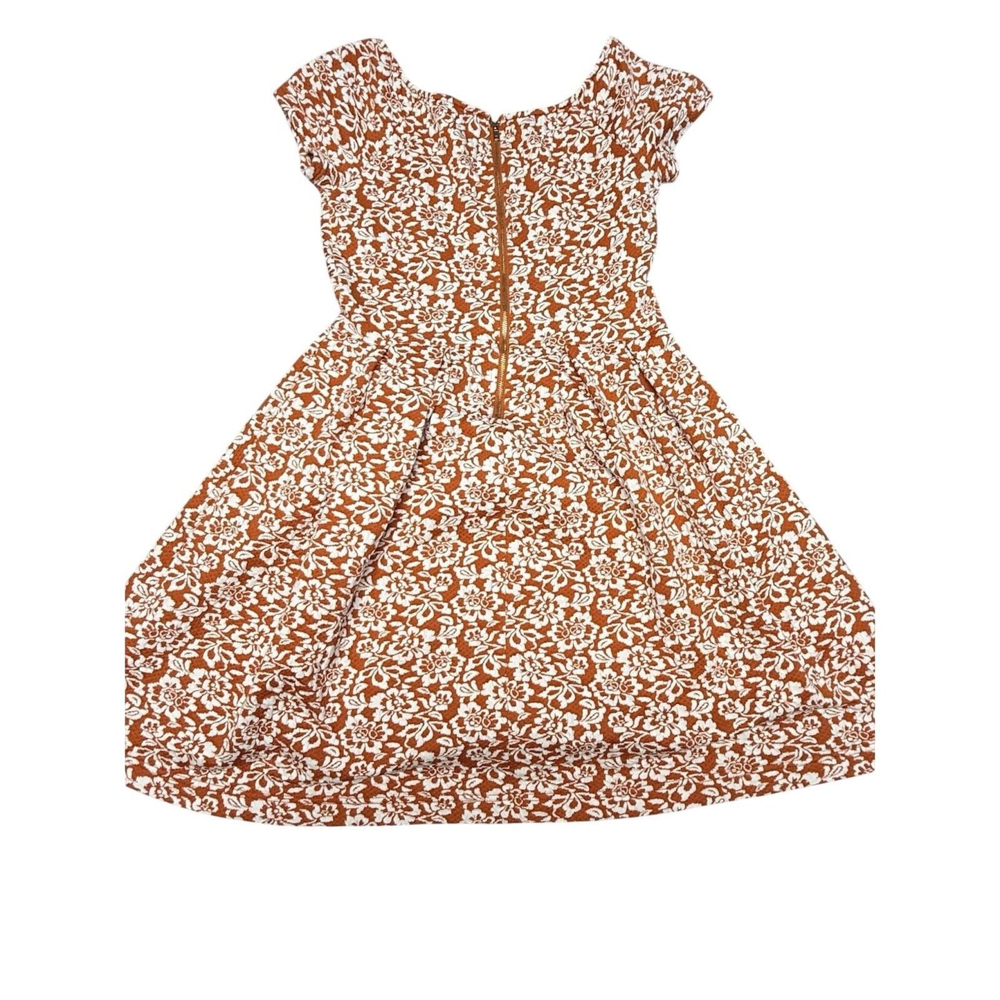 ModCloth Women’s Orange Floral Fit & Flare Dress Size S Short Sleeve Back Zip