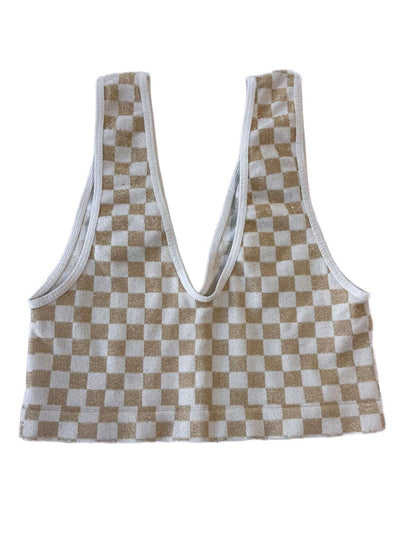 Free People Checkered Knit Crop Top V Neck Sleeveless Sweater Vest Brown Plaid
