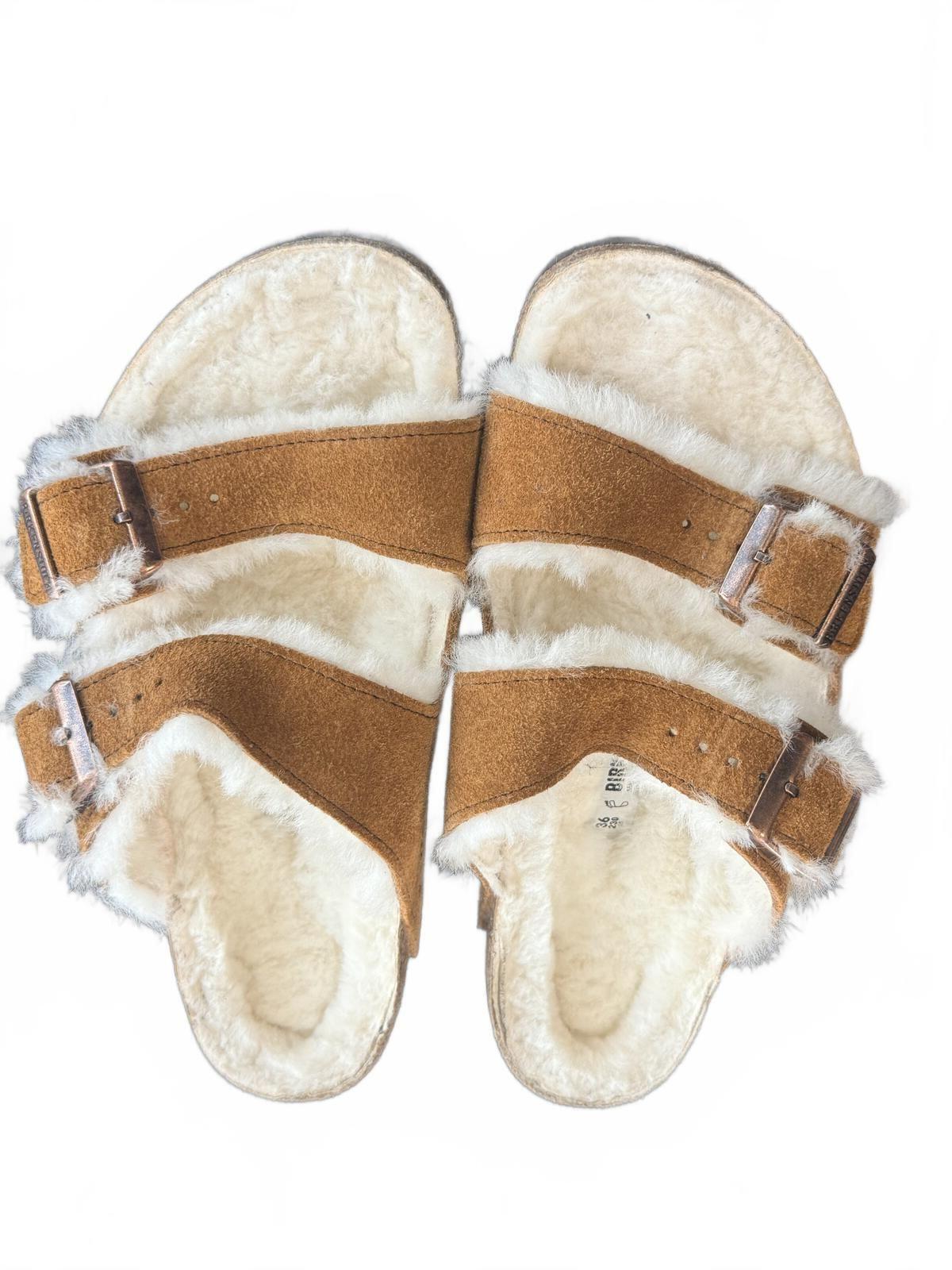Birkenstock Arizona Shearling Suede Sandals Mink Brown Tan Fur Slides EU 36