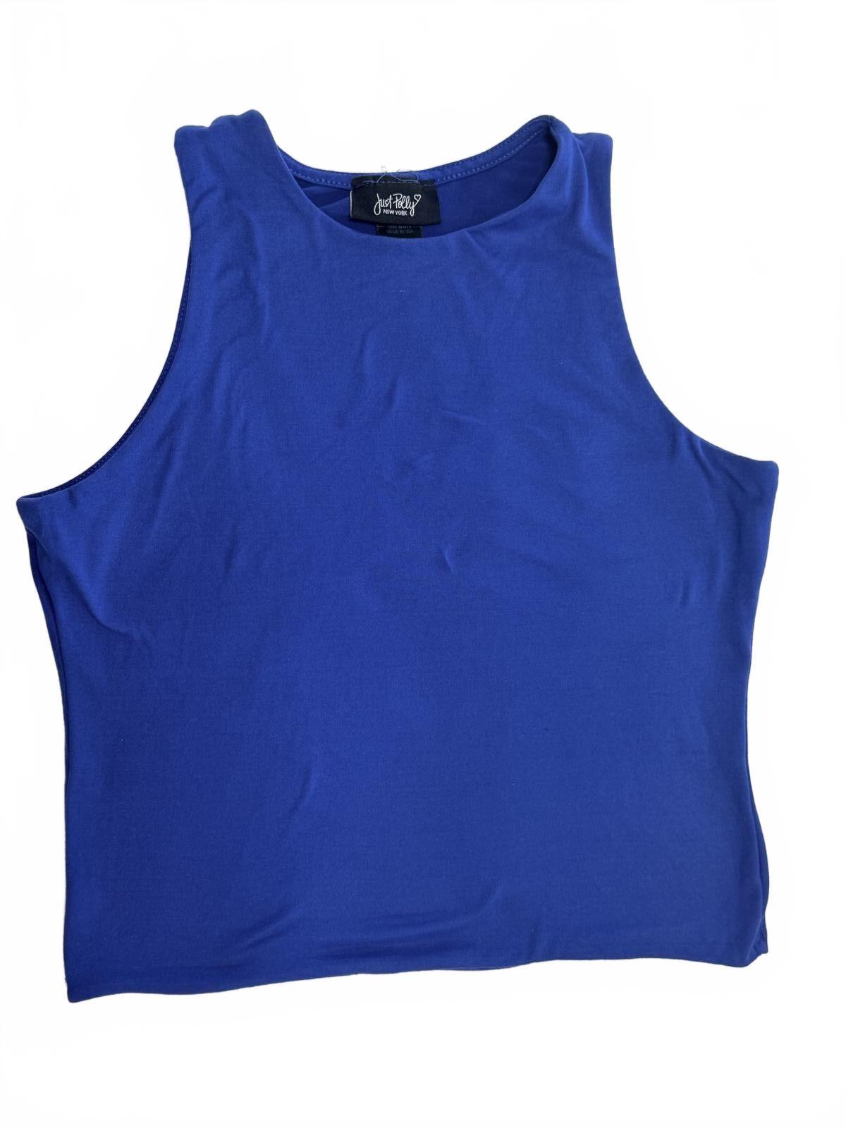 Just Polly New York Blue High Neck Ribbed TankTop Sleeveless Shell Blouse Medium