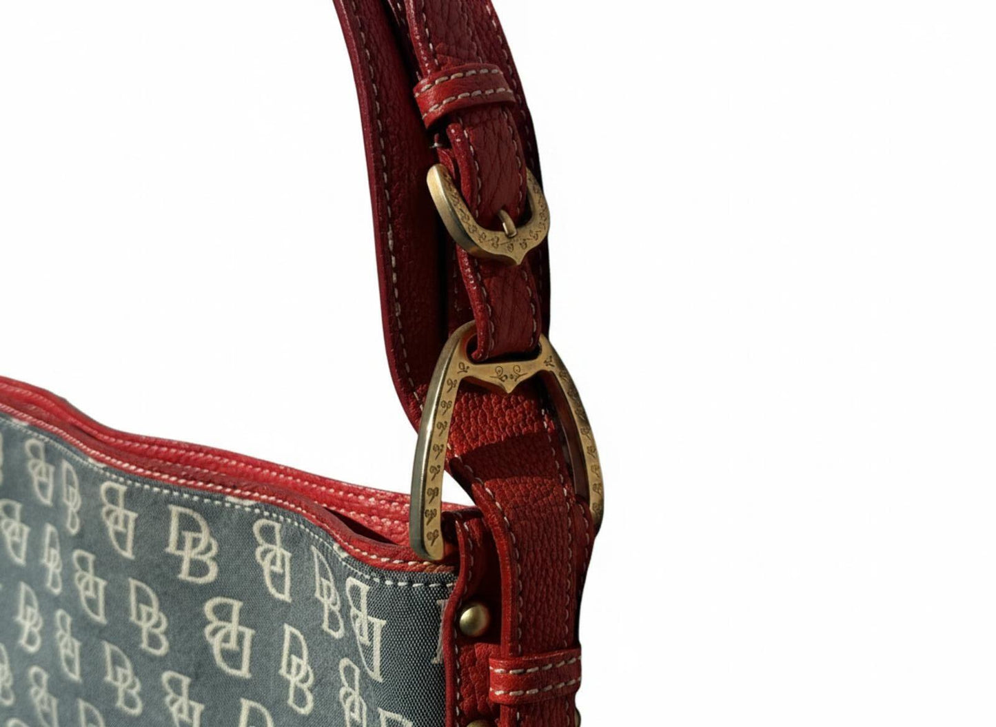 Vintage Dooney & Bourke Signature Monogram Hobo Bag Red Leather Trim Y2K Canvas