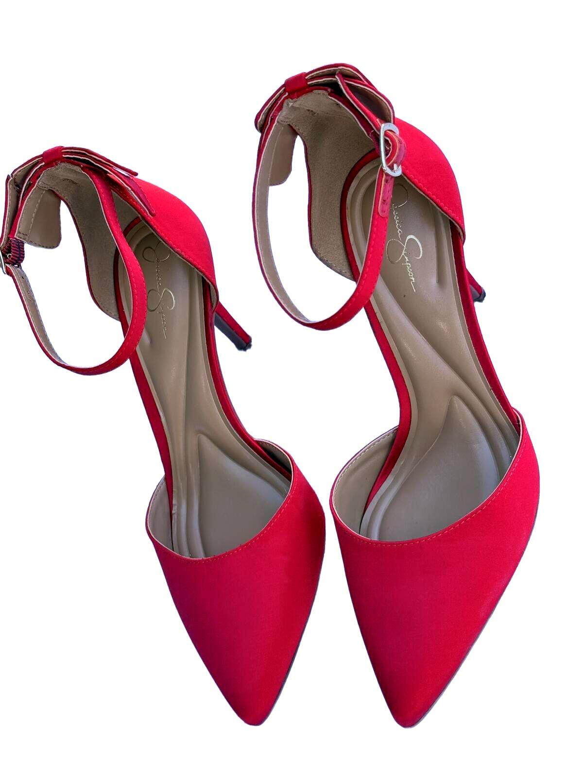 Jessica Simpson Red Satin Pointed Toe Ankle Strap Stiletto Heels Y2K Designer Co