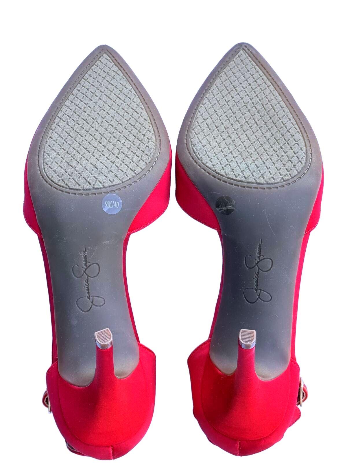 Jessica Simpson Red Satin Pointed Toe Ankle Strap Stiletto Heels Y2K Designer Co
