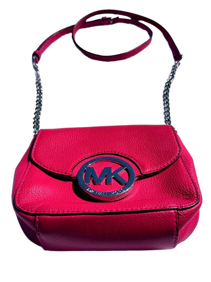 Michael Kors Fulton Crossbody Bag Red Pebbled Leather MK Logo Chain Shoulder bag