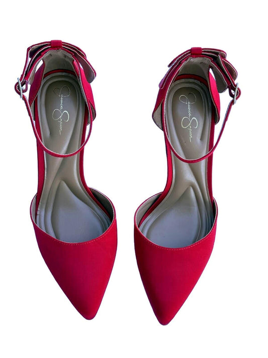 Jessica Simpson Red Satin Pointed Toe Ankle Strap Stiletto Heels Y2K Designer Co