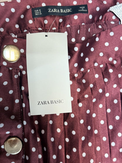 NWT Zara Basic Satin Wine White Polka Dot Flowy Pleated Midi Skirt Size Large