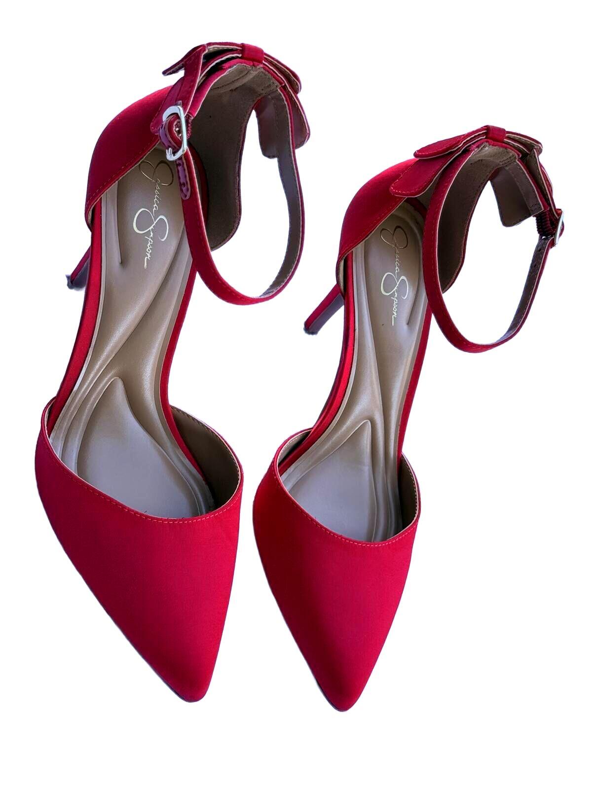 Jessica Simpson Red Satin Pointed Toe Ankle Strap Stiletto Heels Y2K Designer Co
