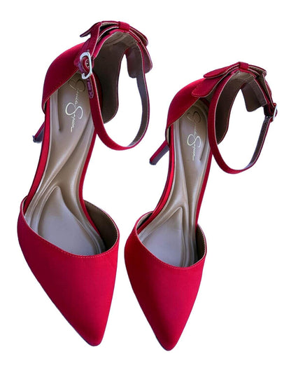 Jessica Simpson Red Satin Pointed Toe Ankle Strap Stiletto Heels Y2K Designer Co