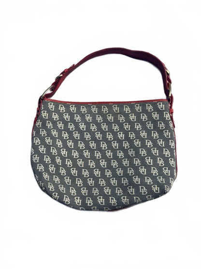Vintage Dooney & Bourke Signature Monogram Hobo Bag Red Leather Trim Y2K Canvas